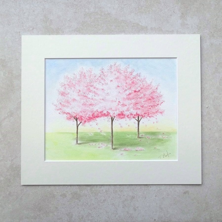 Original  'Blossom Trees'  Watercolour Illustration (Mount size 12" x 10")