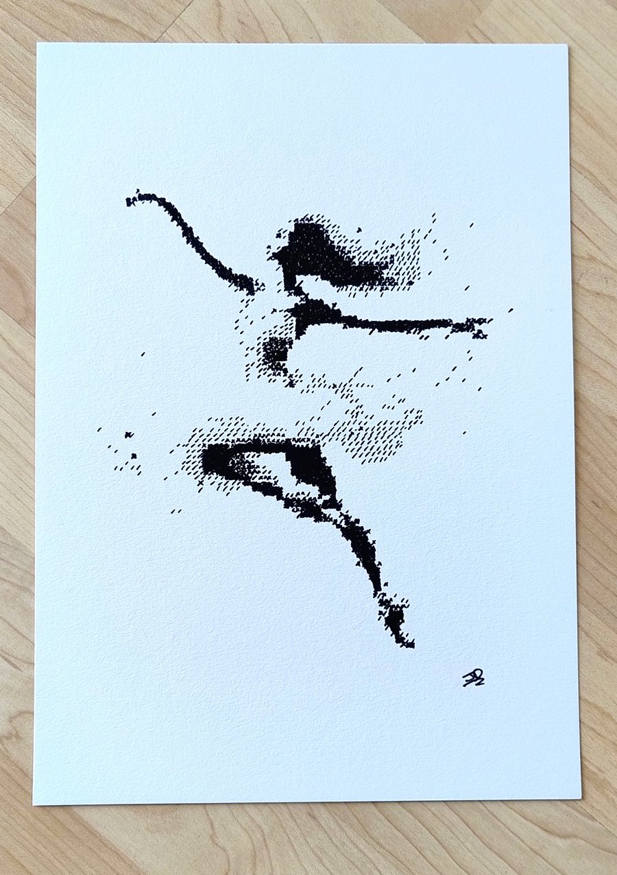"Digital Motion": A Contemporary Ink Drawing of a Dancer in Flight