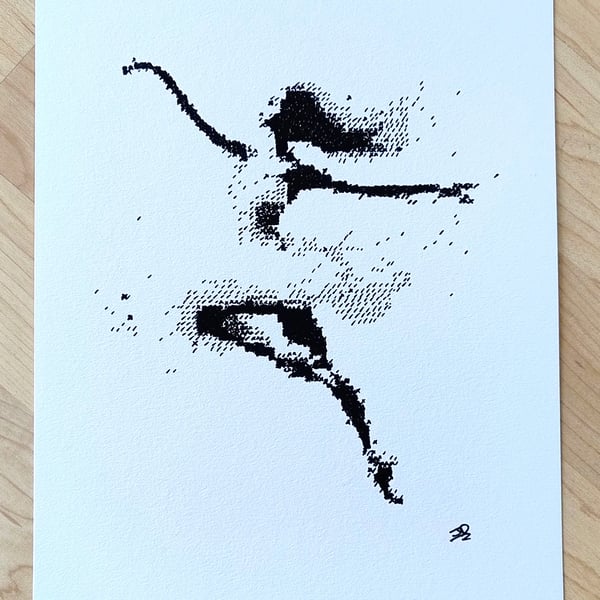 "Digital Motion": A Contemporary Ink Drawing of a Dancer in Flight