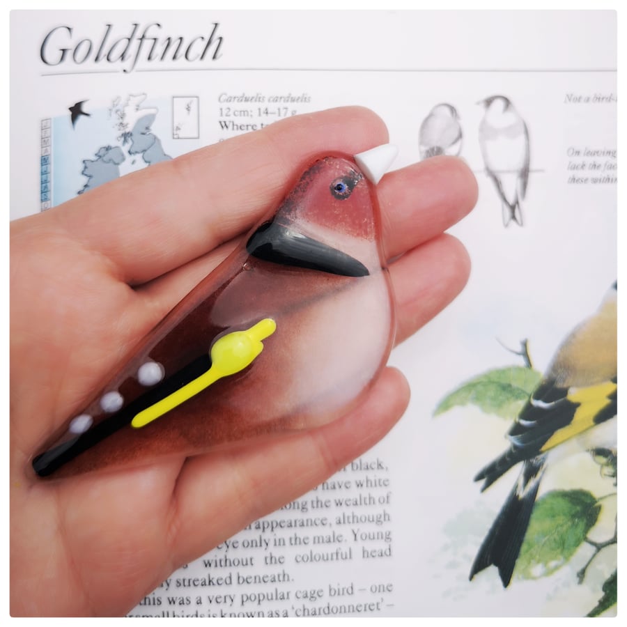 One fused glass goldfinch, British garden bird