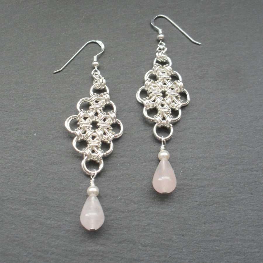 Chain Mail Earrings With Rose Quartz Sterling Silver Ear Wires