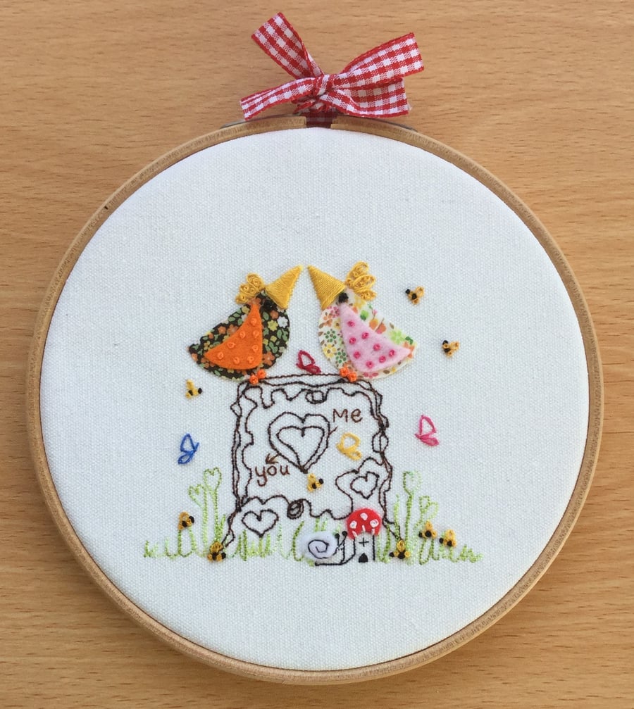 Embroidered Hoop Art " You & me" Can be personalised.