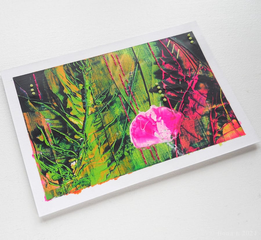 original abstract floral painting postcard sized mixed media 