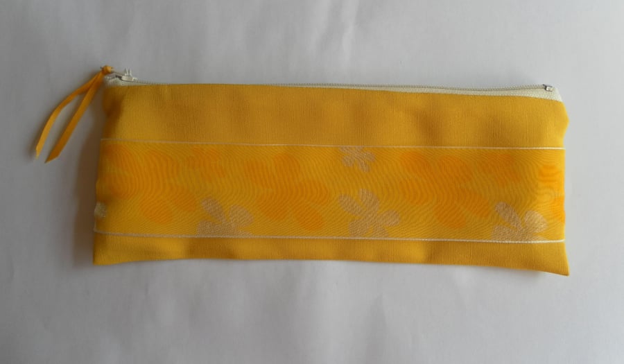 Make Up Bag, Vibrant Yellow with Cream Zip and Floral Ribbon Trim