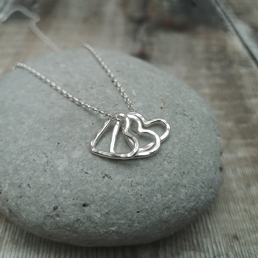 Sterling Silver Triple Open Heart Charm Necklace