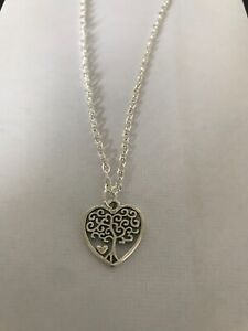 tree of life heart pendant necklace silver plated 18" curb chain 
