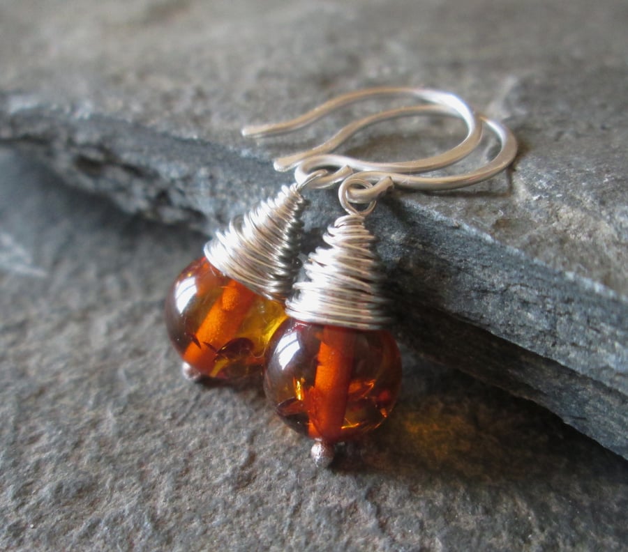 Sterling Silver Wire Wrapped Amber Earrings