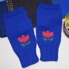 Knitted Blue Fingerless Gloves with Intarsia Pink Tulip
