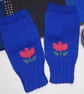 Knitted Blue Fingerless Gloves with Intarsia Pink Tulip