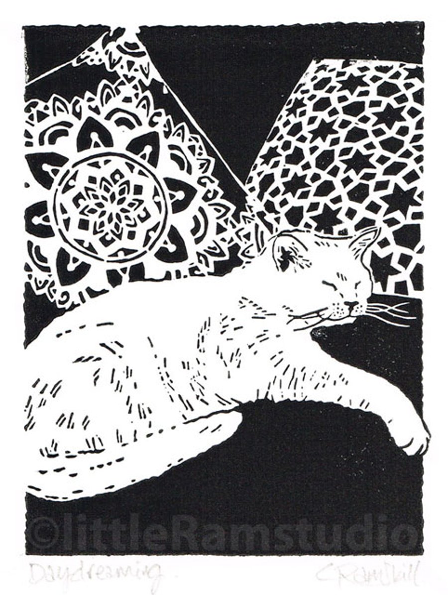 White cat original Linocut Print