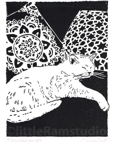 White cat original Linocut Print