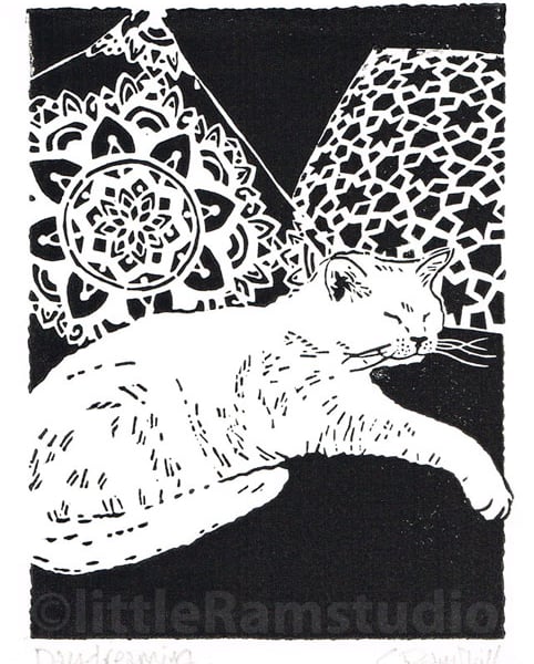 White cat original Linocut Print