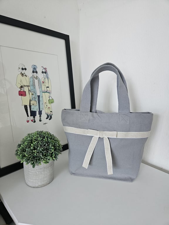 Organic Cotton Mini Tote Bag: Grey Linen Ribbon Bow