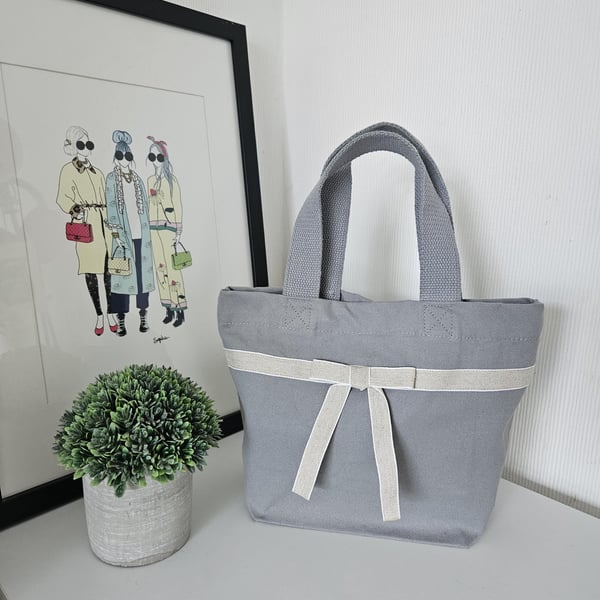 Organic Cotton Mini Tote Bag: Grey Linen Ribbon Bow
