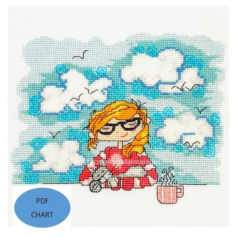 Girl and cat Calm Cross Stitch Instant digital Download PDF Patternchart