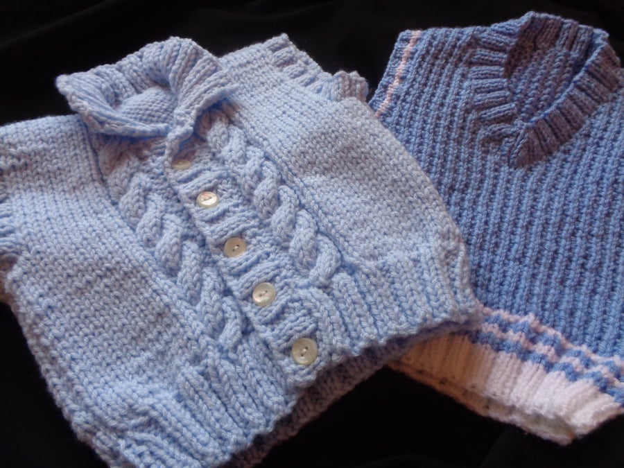 Handknitted Baby Boy, or Little Girl Blue jumpers.