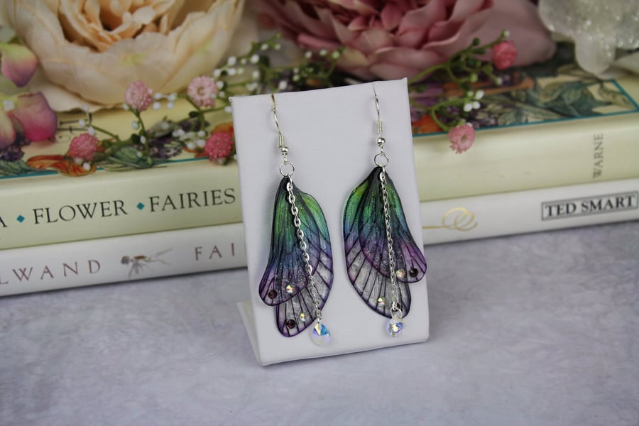 Beautiful Deep Purple and Green Sparkle Rounded Fairy Wing Earrings - Cicada 