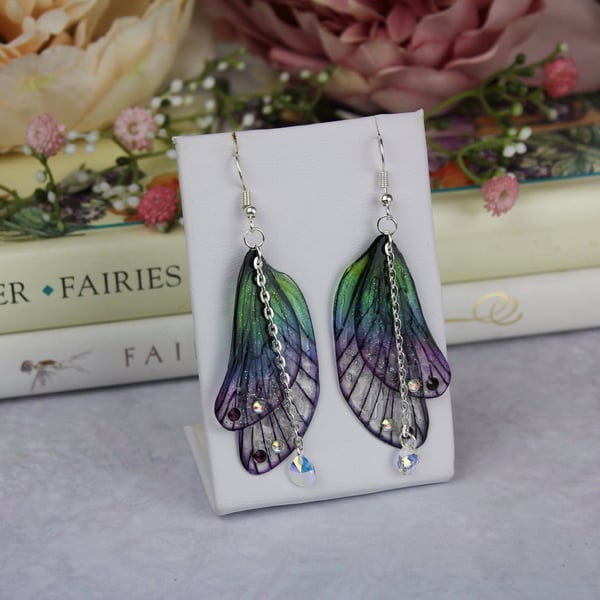 Beautiful Deep Purple and Green Sparkle Rounded Fairy Wing Earrings - Cicada 