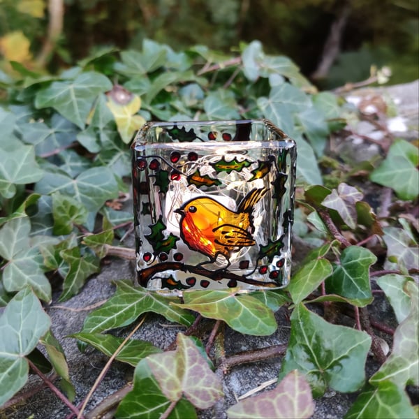 Wee candle holder, hand painted robins