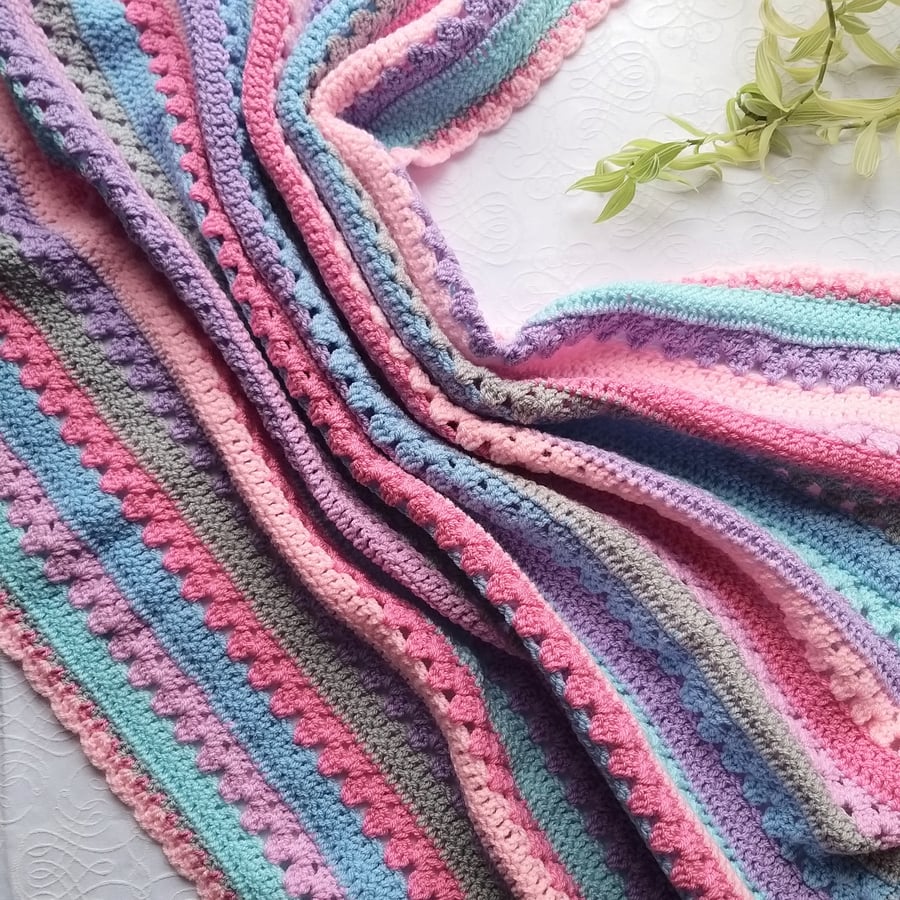Seconds Sunday Crochet Baby Blanket. Pinks, Aqua, Silver Stripe