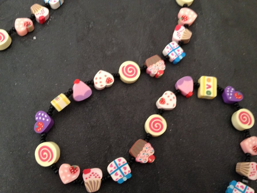 Pick n Mix Collection: Hearts and Cupcakes Kitsch Polymer Clay Necklace 18 inch
