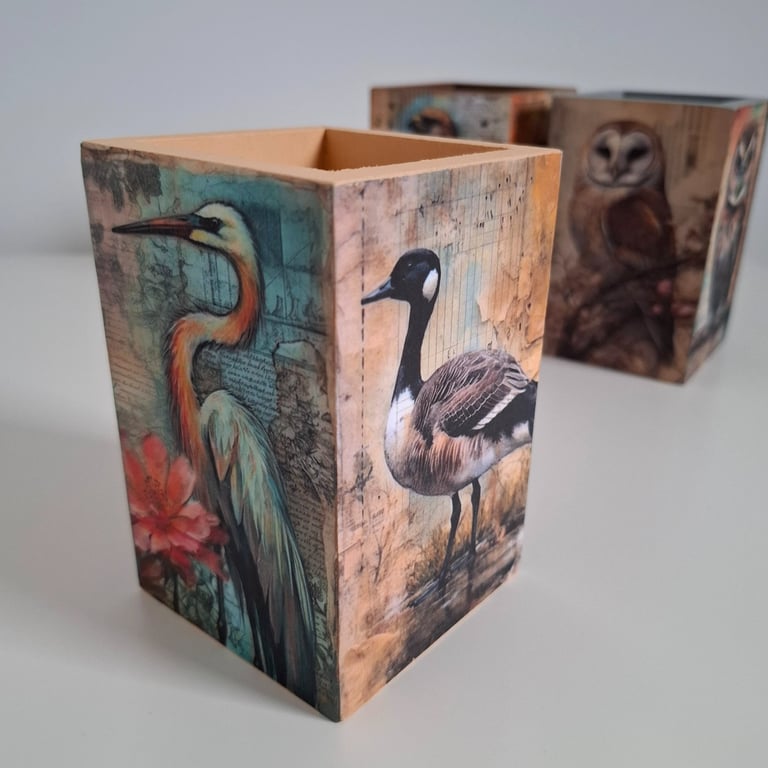 Handmade Decoupaged Wooden Holder with Birds