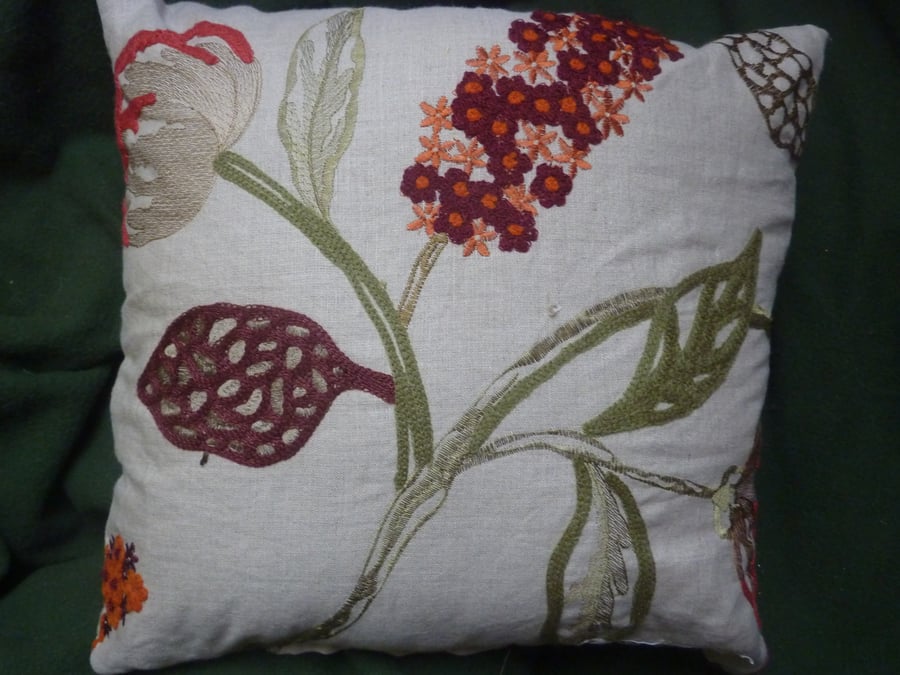 Square Cushion Double Sided Linen Wool Embroidery Flowers Claret Greens 48X48cms
