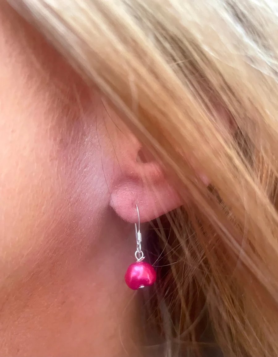 Shocking Pink Baroque Freshwater Pearl Drop Earrings 