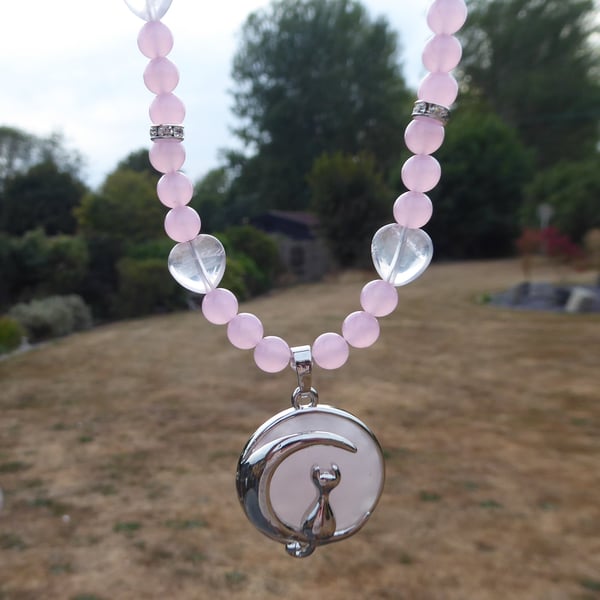 Rose Quartz Cat and Moon Necklace with Rhinestones - Summer Seconds   