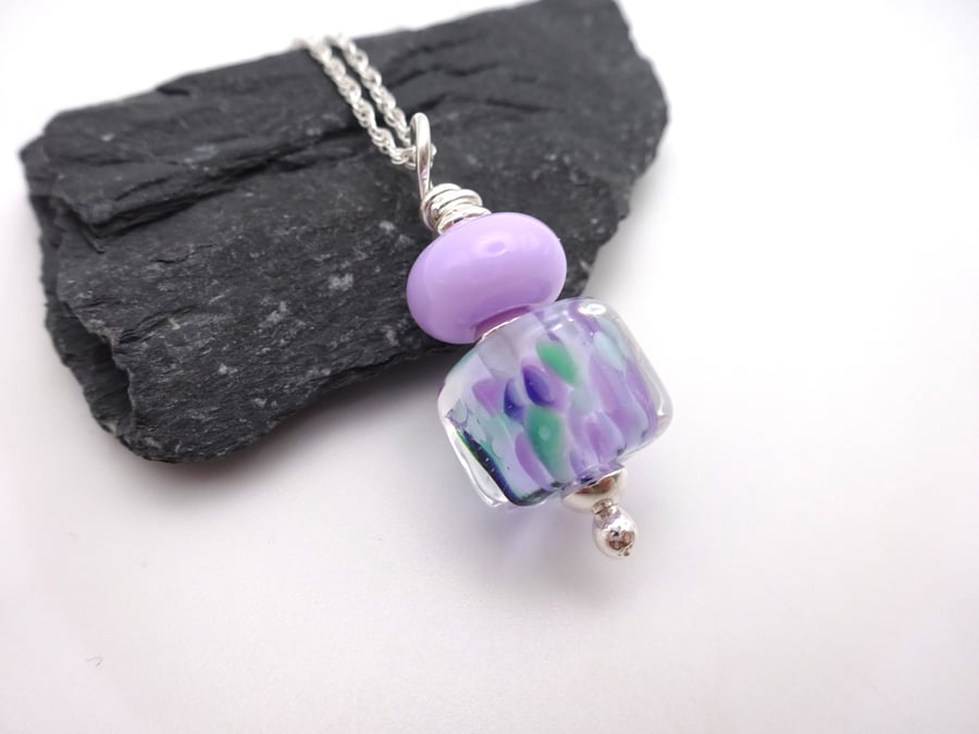 purple and green lampwork glass pendant necklace