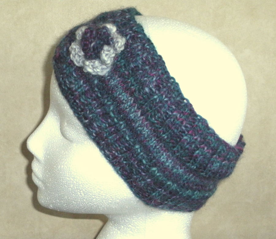 Flowered headband in jade greens and pink 100% Wool