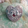 Birds Heart-shaped Brooch with Garnet in Silver Pewter