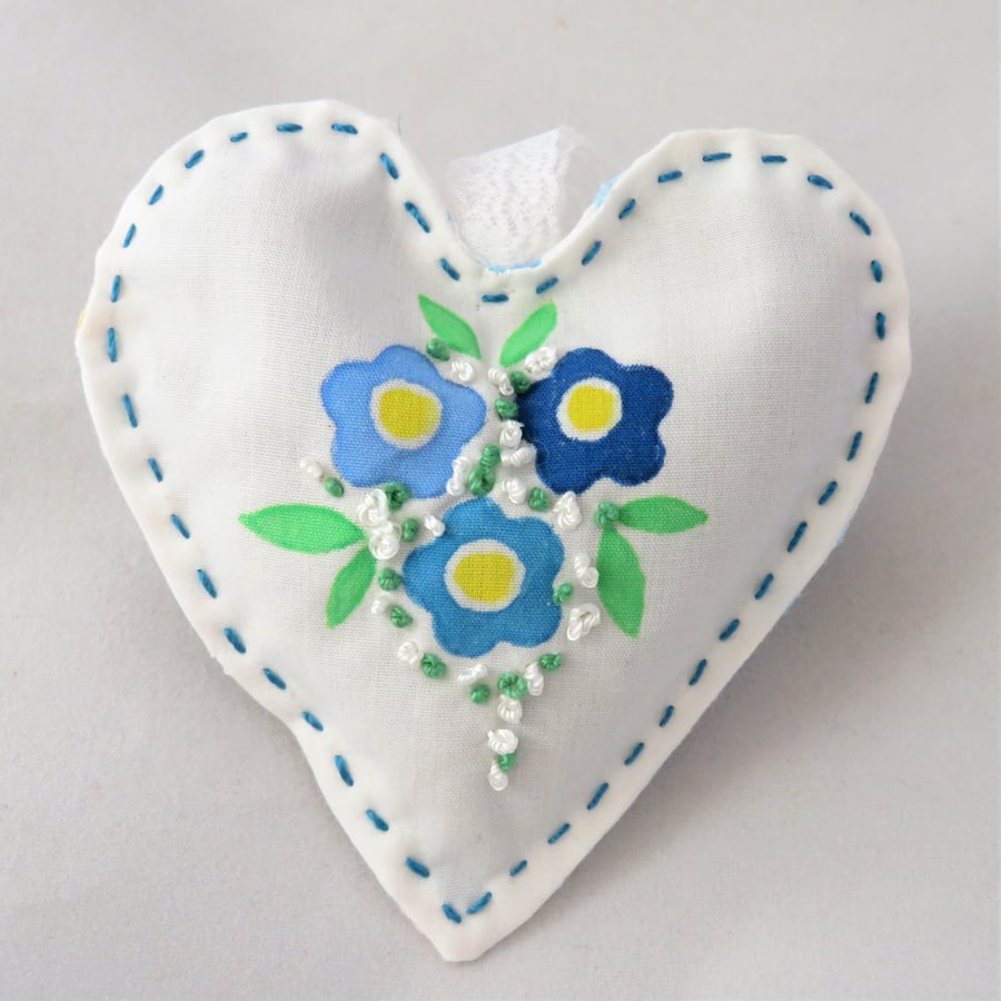 Heart Lavender Bag stencilled and embroidered - blue flowers