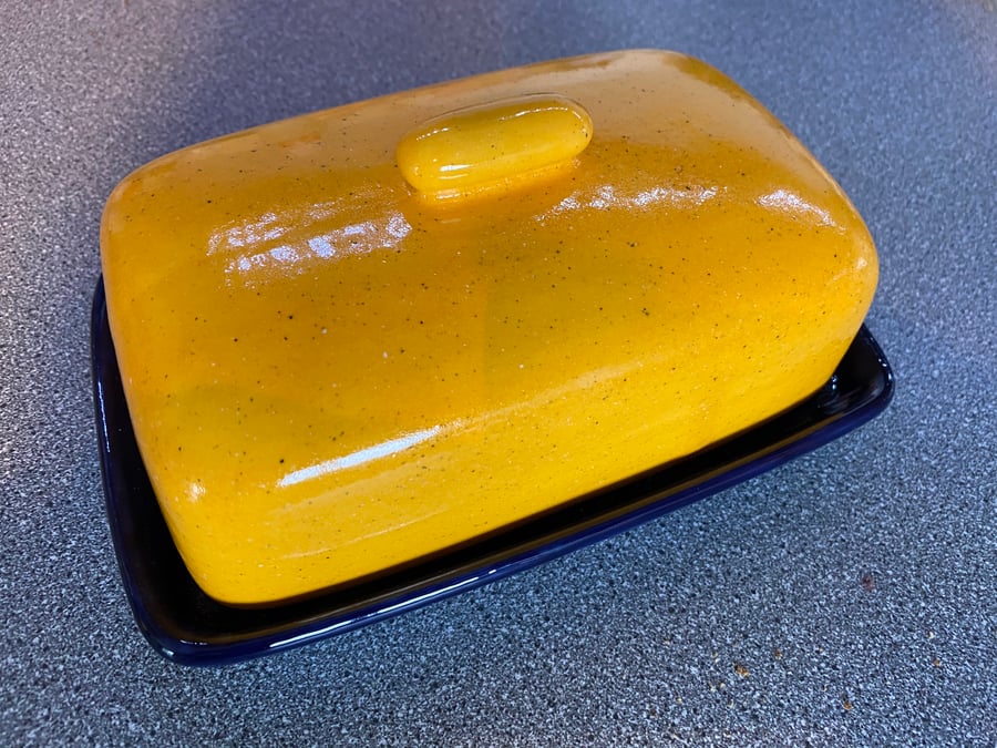 Butter Dish, Yellow Lid and Royal Blue Dish