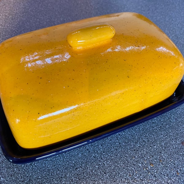 Butter Dish, Yellow Lid and Royal Blue Dish