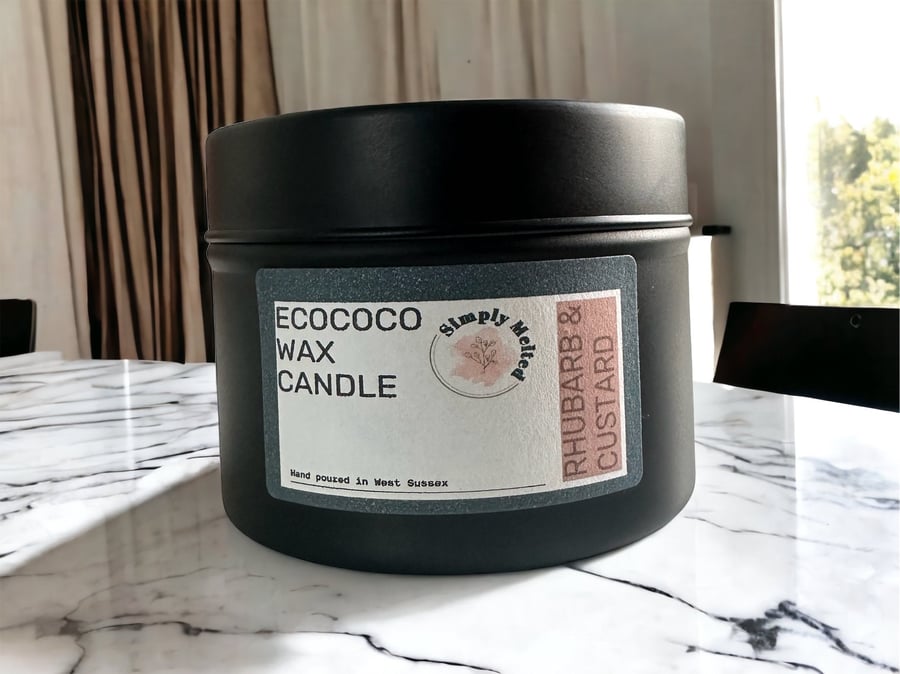 Luxury Rhubarb Custard Scented Coconut Wax Candle In A Tin, Mouthwatering Sweet 