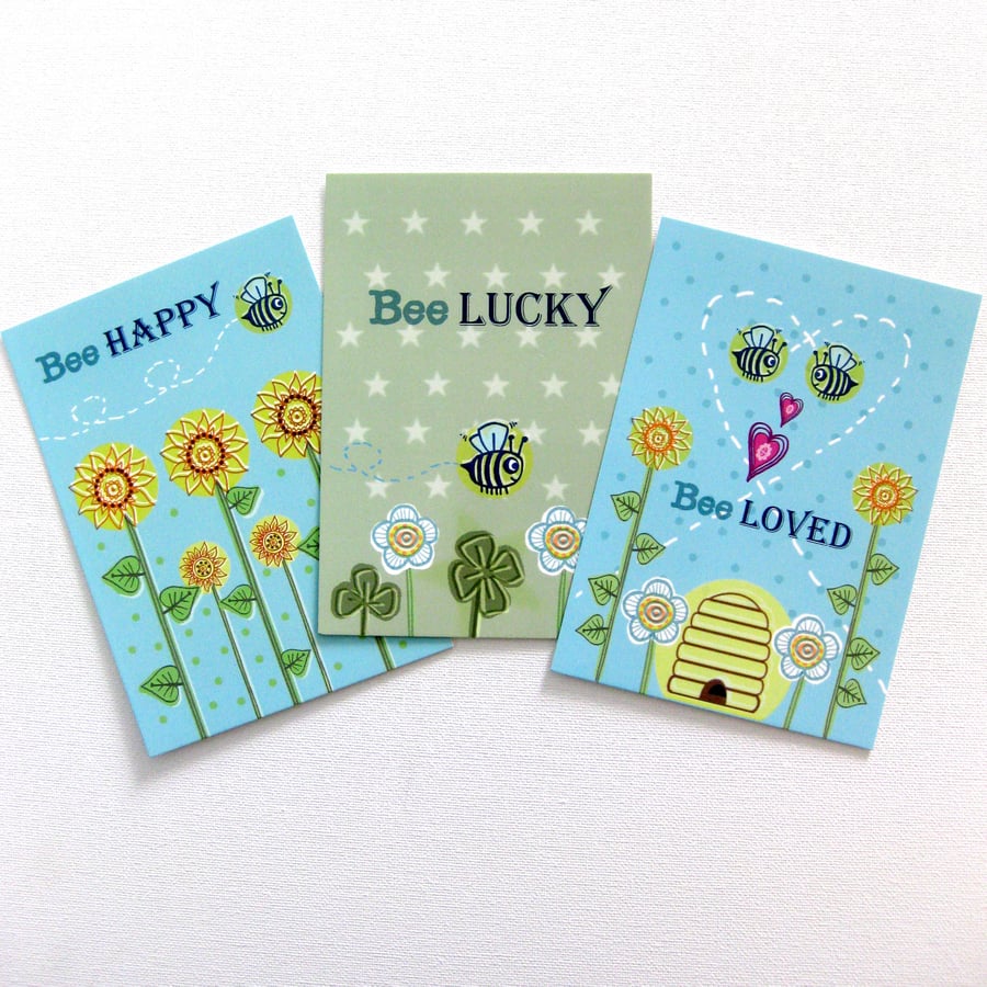 Pack of 3 Postcards in 3 Designs (Bee Happy, Bee Lucky, Bee Loved)