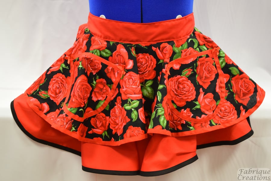 Retro Vintage Style Half Apron - Nutex Red Roses On Black With Red - 2 Layer