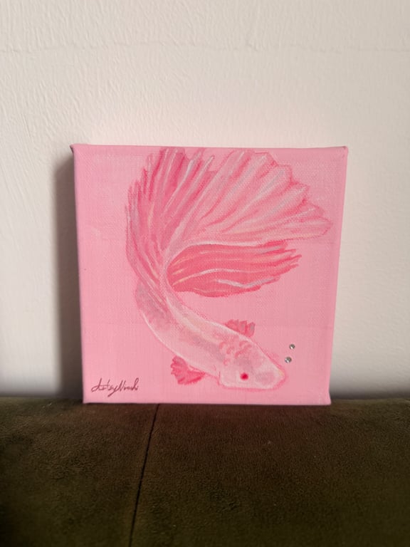 Pink Betta Fish Acrylic Painting with Gems on 6"x6" Chunky Box Canvas
