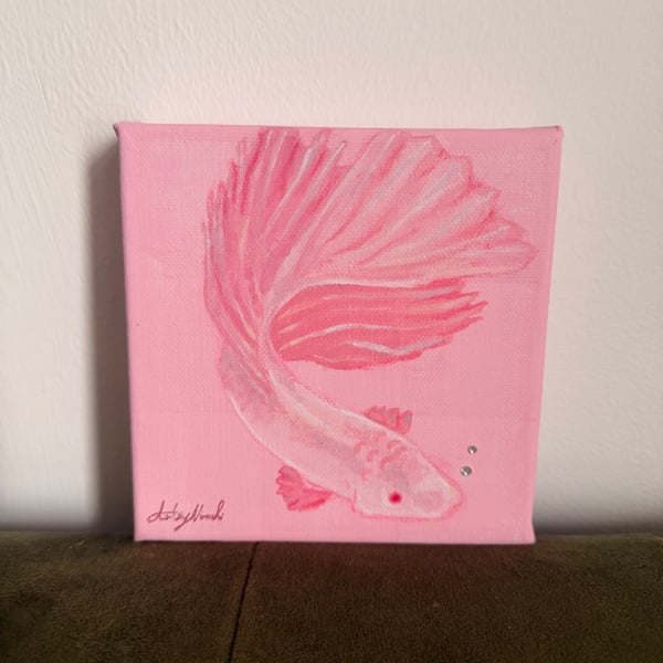 Pink Betta Fish Acrylic Painting with Gems on 6"x6" Chunky Box Canvas