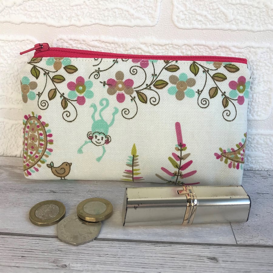 Large purse, coin purse with turquoise monkey and bright floral print