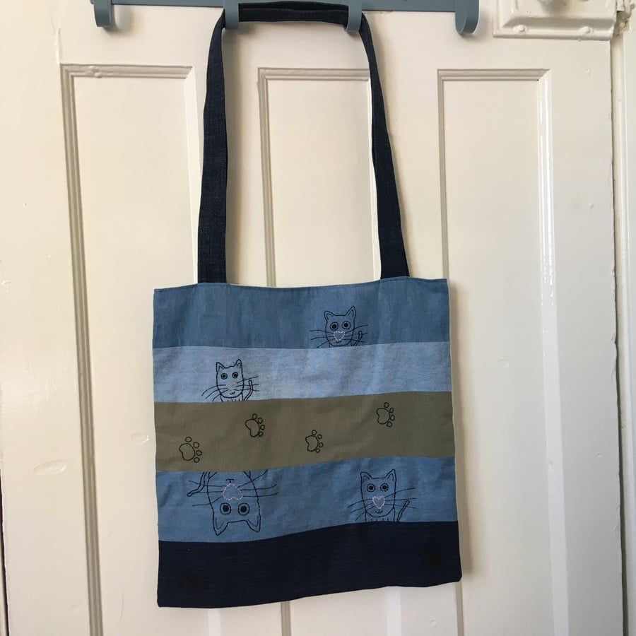 Up-cycled Hand Embroidered Cat Tote Bag