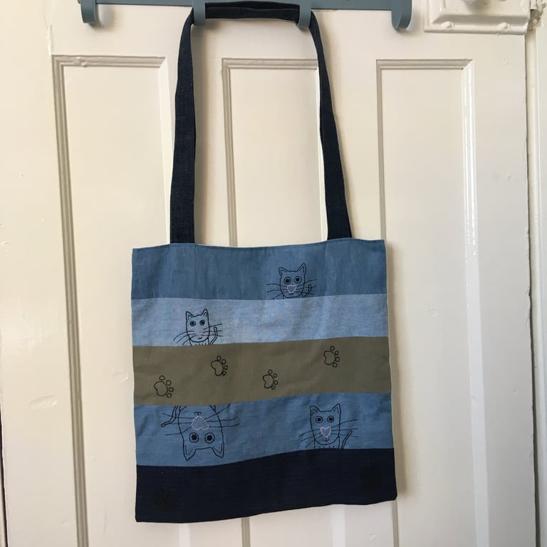 Up-cycled Hand Embroidered Cat Tote Bag
