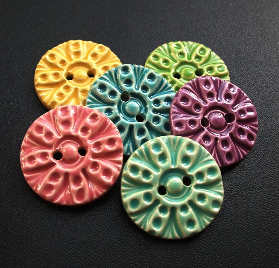 set of six large summery ceramic buttons 