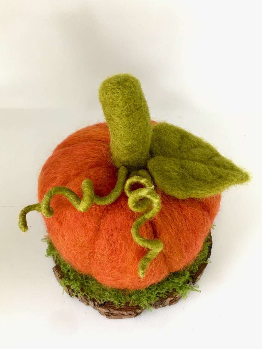 Image of Needle Felted Pumpkin, Wool Sculpture, Ornament in Wooden Base