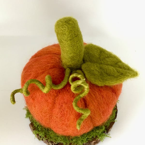Needle Felted Pumpkin, Wool Sculpture, Ornament in Wooden Base