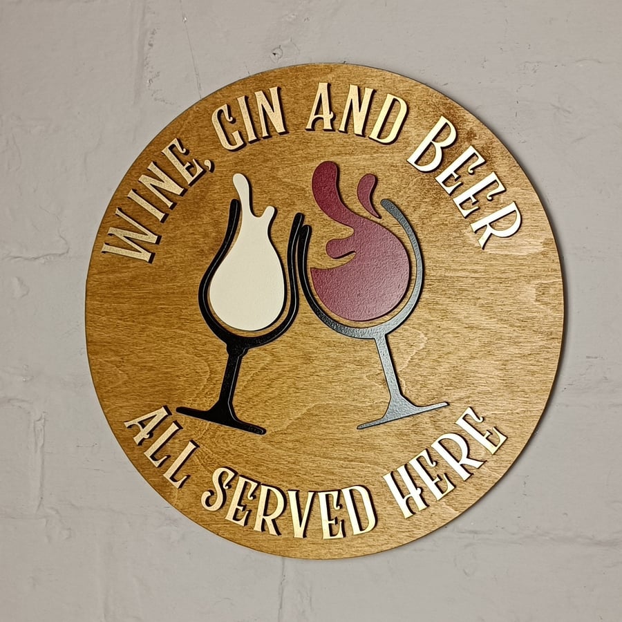 Large wooden Wine, Gin & Beer all served here bar sign