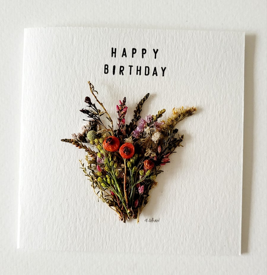 Handmade Happy Birthday 'Red Berries and Foliage' Pressed Flower Greeting Card 