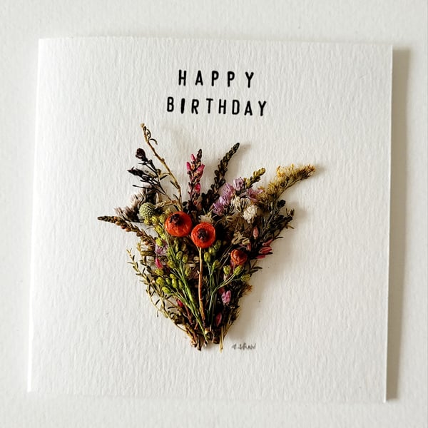Handmade Happy Birthday 'Red Berries and Foliage' Pressed Flower Greeting Card 
