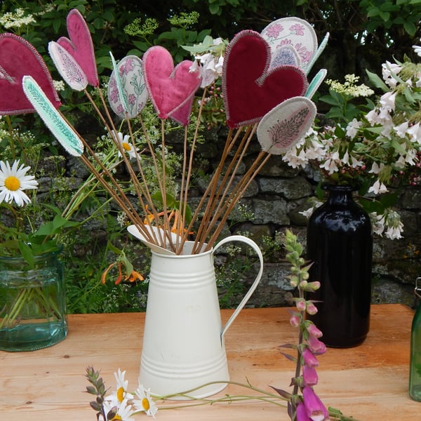 Pink hearts and Wild flowers-Screen printed Fabric Bouquet